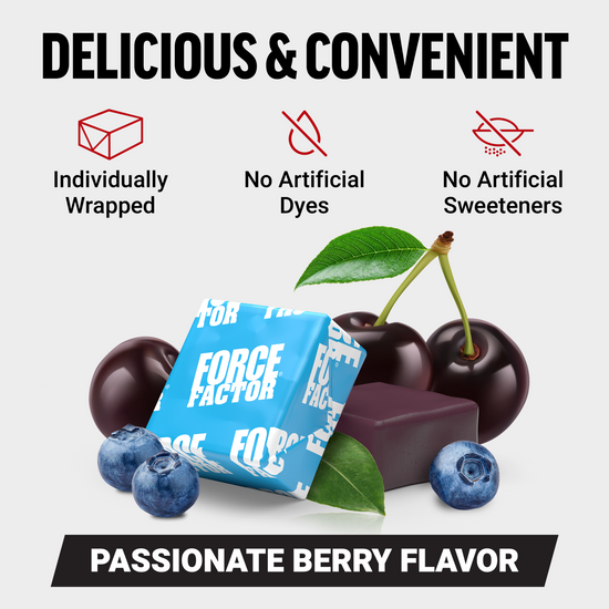 Blueberry and cherry chews labeled passionate berry flavor, no dyes or sweeteners