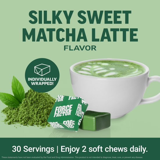 Matcha latte in white cup beside individually wrapped Force Factor Mighty Matcha soft chews, 30 servings