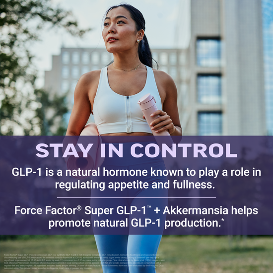 Woman holding yoga mat outdoors with text explaining GLP-1 is a natural hormone that regulates appetite and fullness