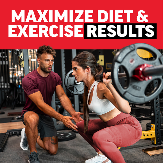 Trainer spotting woman doing heavy back squat in gym under Maximize Diet and Exercise Results headline.