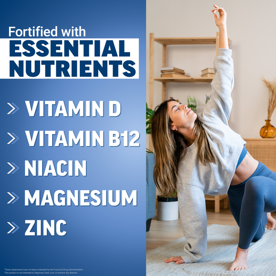 Woman stretching at home with text showing supplement fortified with essential nutrients including vitamin D, B12, niacin, magnesium, and zinc