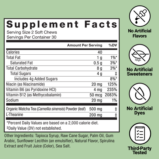 Supplement facts panel for Force Factor Mighty Matcha soft chews, third-party tested with no artificial flavors or dyes