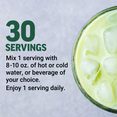 Iced matcha drink with text showing 30 servings, mix 1 scoop with 8-10 oz of hot or cold water and enjoy 1 serving daily