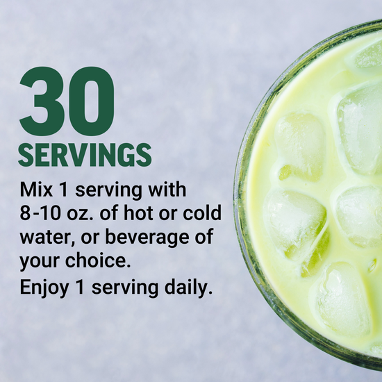 Iced matcha drink with text showing 30 servings, mix 1 scoop with 8-10 oz of hot or cold water and enjoy 1 serving daily