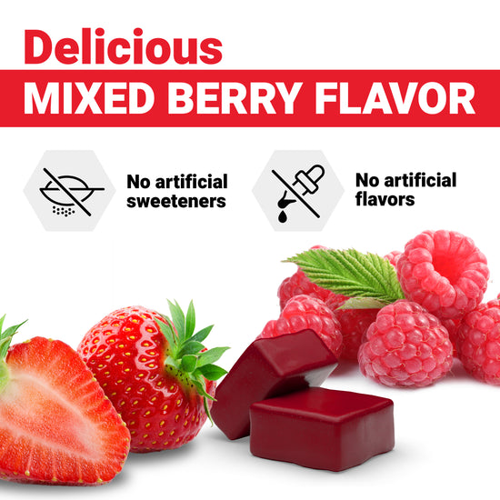 Strawberries and raspberries beside text promoting mixed berry flavor with no artificial sweeteners or flavors.