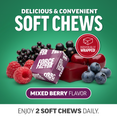 Force Factor Fruits & Veggies individually wrapped mixed berry soft chews surrounded by raspberries, cherries, and blueberries