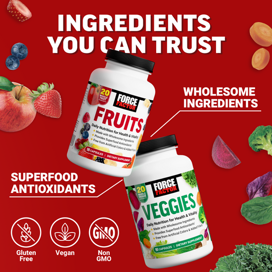 Bottles of Force Factor Fruits and Veggies with icons for gluten free, vegan, and non-GMO on red background.