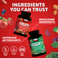 Bottles of Force Factor Fruits and Veggies with icons for gluten free, vegan, and non-GMO on red background.