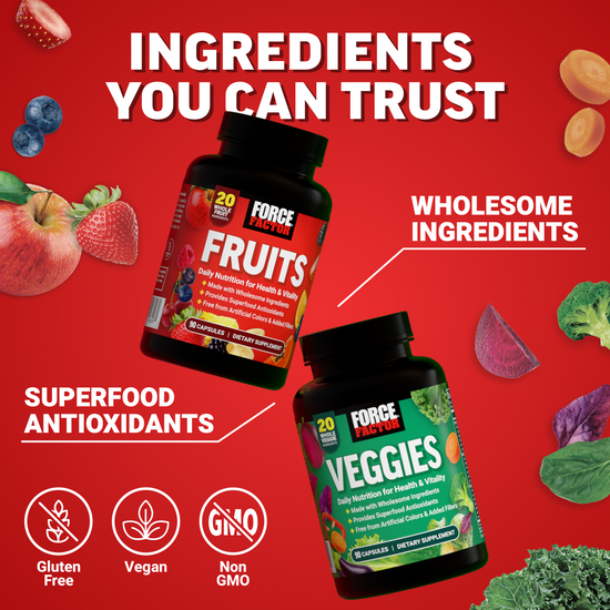 Bottles of Force Factor Fruits and Veggies with icons for gluten free, vegan, and non-GMO on red background.