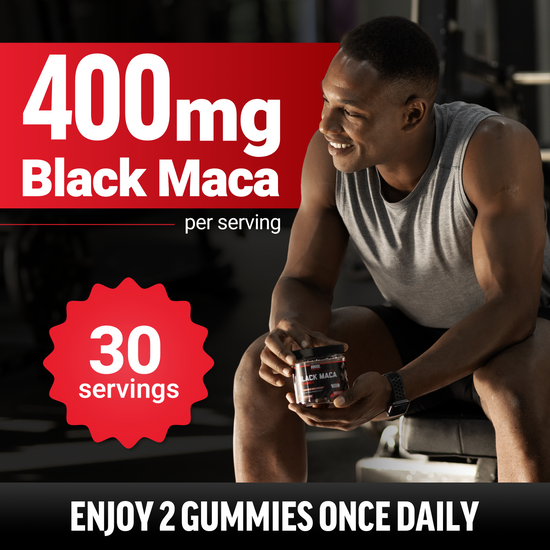 Smiling man holding Black Maca Gummies with text highlighting 400 mg black maca per serving and 30 servings per bottle