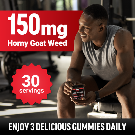 Man in gym holding Horny Goat Weed Gummies with callout for 150mg dosage and 30 servings per container.