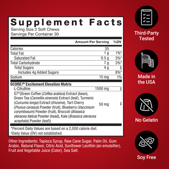 Supplement facts for SCORE! chews with L-citrulline and botanical extracts