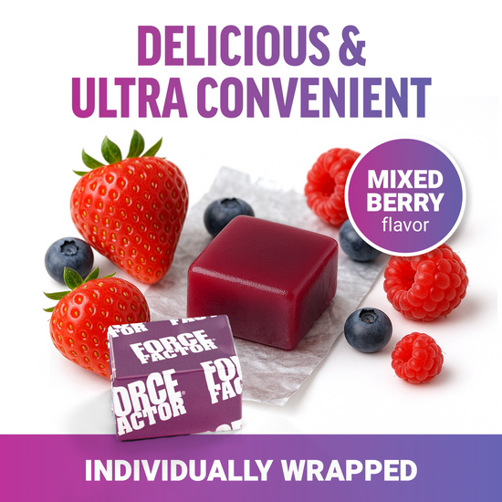 Mixed berry soft chew with strawberries, raspberries, and blueberries; individually wrapped.