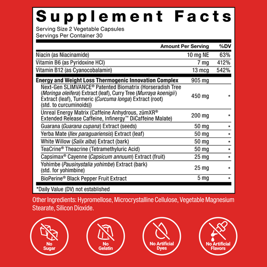 LeanFire with Slimvance supplement facts panel plus icons for no sugar, no gelatin, no artificial dyes or flavors.