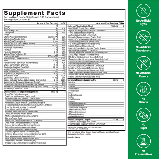 Supplement facts for Smarter Greens wellness powder showing vitamins, minerals, probiotics, and greens blend, no artificial additives.