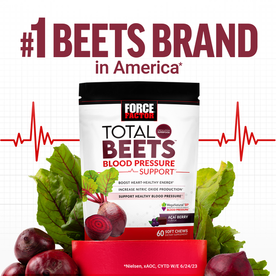 Total Beets Blood Pressure Support bag with beets and acai berries, labeled #1 Beets Brand in America.