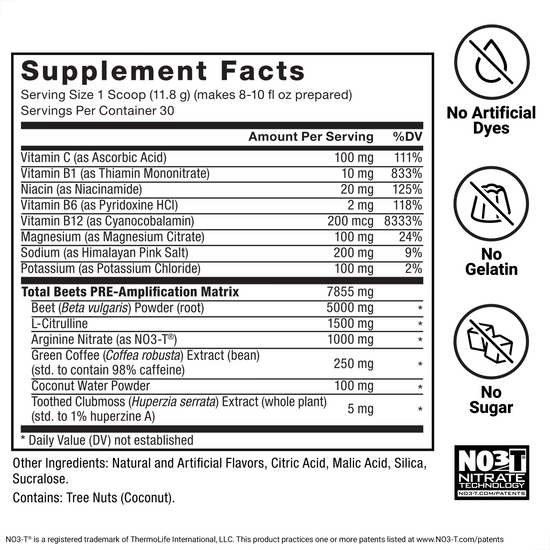 Supplement label for Total Beets Pre-Workout with detailed nutritional information and ingredient list on a white background.