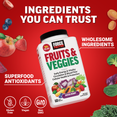 Force Factor Fruits & Veggies supplement bottle with 50+ ingredients, gluten free, vegan, and non-GMO certifications