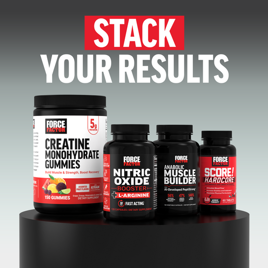 Force Factor product stack including Creatine Monohydrate Gummies, Nitric Oxide Booster, Anabolic Muscle Builder, and Score! Hardcore.
