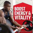 Athlete performing barbell curl with text emphasizing boost energy and vitality benefits