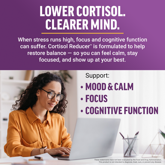 Woman working at laptop with Cortisol Reducer benefits for mood, focus, and cognitive function