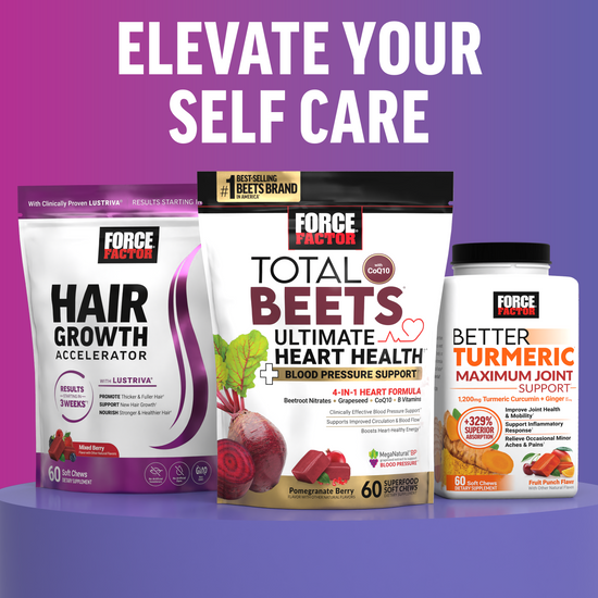 Hair Growth Accelerator, Total Beets, and Better Turmeric supplements with “Elevate Your Self Care” headline.