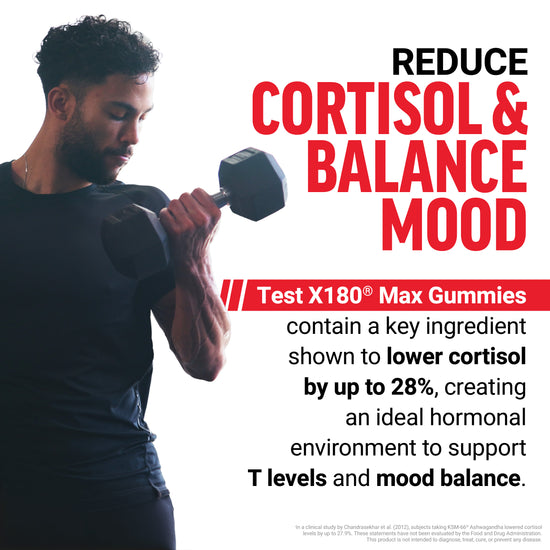 Man curling a dumbbell with Test X180 Max Gummies claim to lower cortisol by up to 28%