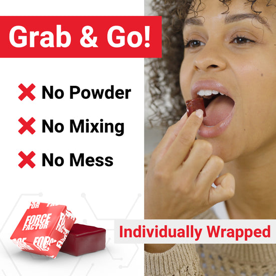 Woman eating Force Factor soft chew with “Grab & Go” benefits—no powder, no mixing, no mess.
