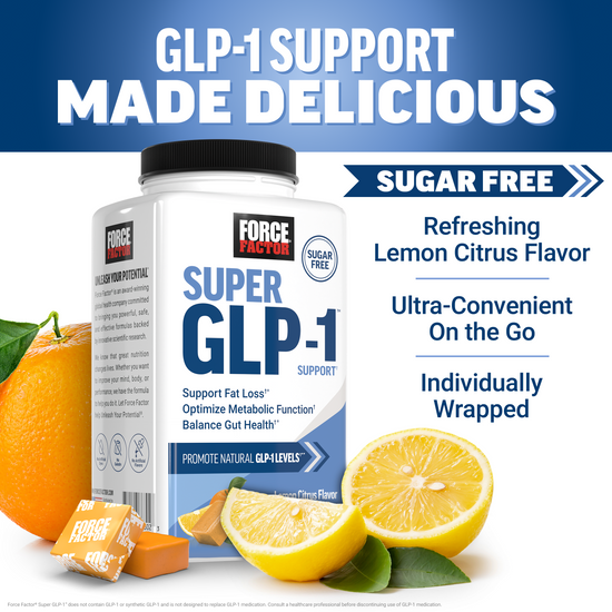 Force Factor Super GLP-1 Support bottle in lemon citrus flavor highlighting sugar free, refreshing flavor, ultra-convenient, and individually wrapped