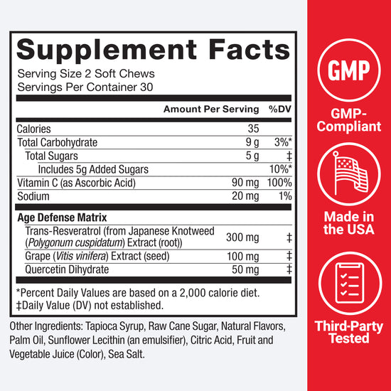 Supplement facts panel listing ingredients, serving size, and GMP, Made in USA, and third-party tested badges.