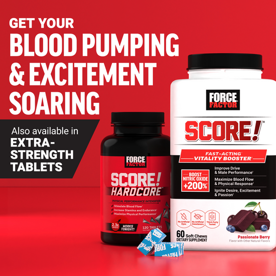 SCORE! supplement bottles with message to boost excitement and available in tablets