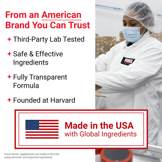 Lab technician in protective gear with text highlighting third-party testing, transparency, and made in the USA