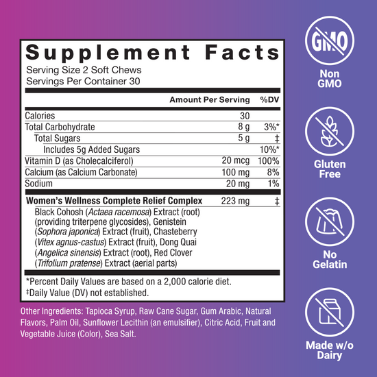 Supplement facts for Menopause Relief soft chews with key ingredients and nutrition details.
