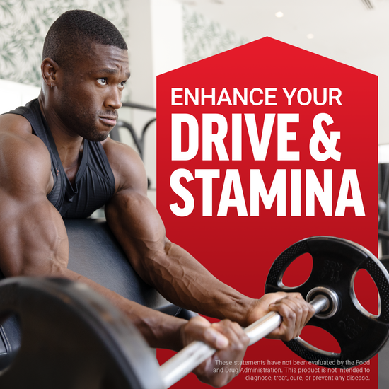 Focused man lifting weights with bold red text promoting enhanced drive and stamina benefits.