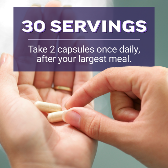 Hand holding two capsules with text showing 30 servings, take 2 capsules once daily after your largest meal