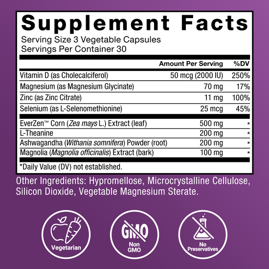 Cortisol Reducer supplement facts panel with vegetarian, non-GMO, and no preservatives icons
