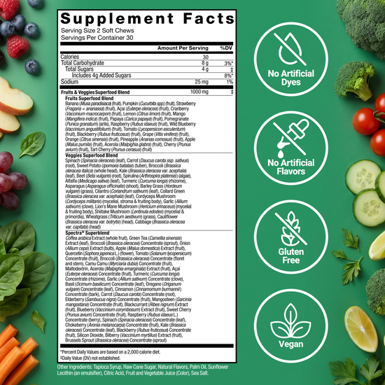 Supplement facts panel for Force Factor Fruits & Veggies soft chews with superfood blend, no artificial dyes, gluten free, vegan
