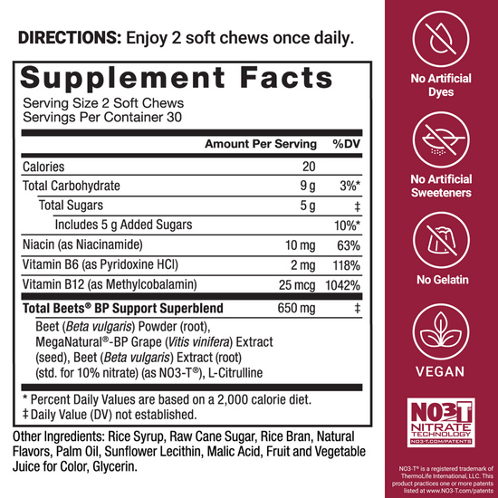Supplement facts for Total Beets soft chews with beetroot, grape seed extract, and vegan-friendly ingredients.