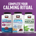 Force Factor Ultimate Magnesium, Amazing Ashwa, and Mighty Matcha bottles for a complete calming ritual