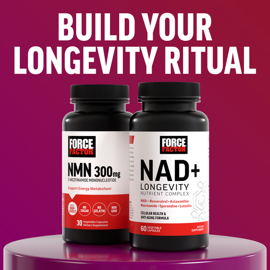 Force Factor NMN 300mg and NAD+ Longevity Nutrient Complex bottles for cellular health
