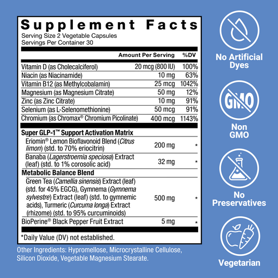 Super GLP-1 Extra Strength supplement facts panel with quality certifications