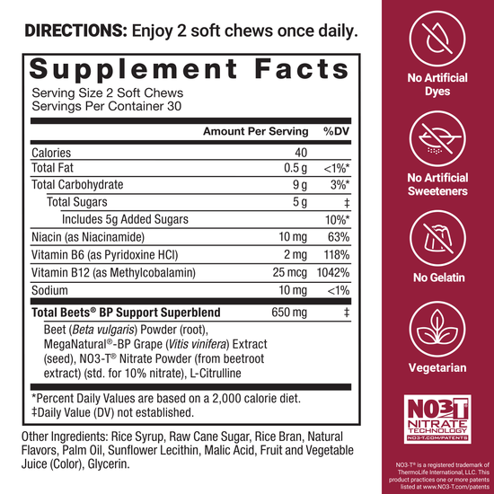 Supplement facts label with directions and product details for Total Beets Blood Pressure Support Soft Chews