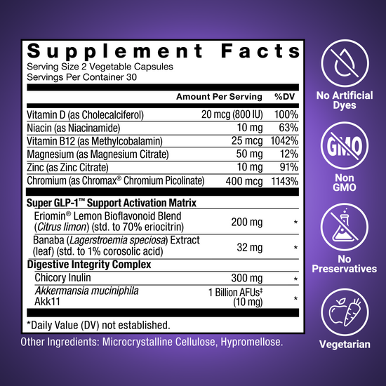 Supplement facts panel for Force Factor Super GLP-1 Plus Akkermansia capsules with Eriomin, chicory inulin, Akkermansia muciniphila, non-GMO, no preservatives, vegetarian