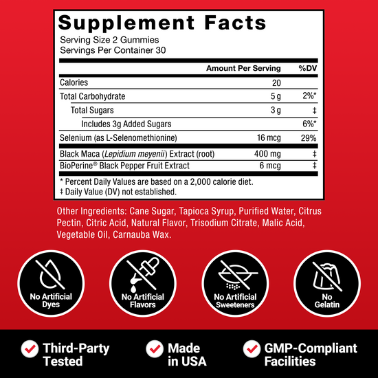 Supplement Facts panel showing serving size, calories, sugars, selenium, black maca extract, and BioPerine