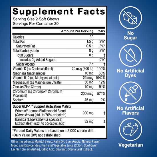 Supplement facts panel for Force Factor Super GLP-1 Support soft chews with Eriomin lemon bioflavonoid blend, no sugar, no artificial dyes or flavors, vegetarian