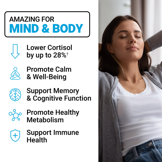 Relaxed woman leaning back with eyes closed, highlighting cortisol reduction and mind-body wellness benefits.