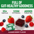 Summer berry soft chew with 25+ superfoods, 125M CFU probiotics, and added prebiotic fiber for gut health support