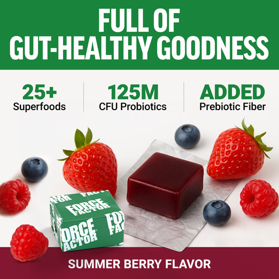 Summer berry soft chew with 25+ superfoods, 125M CFU probiotics, and added prebiotic fiber for gut health support