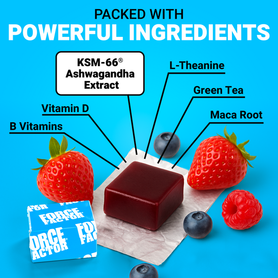 Force Factor soft chew with labeled ingredients including Ashwagandha, B vitamins, maca root, and more.