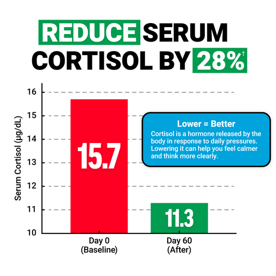 Bar graph showing 28% drop in serum cortisol levels from day 0 to day 60, emphasizing stress reduction benefits.